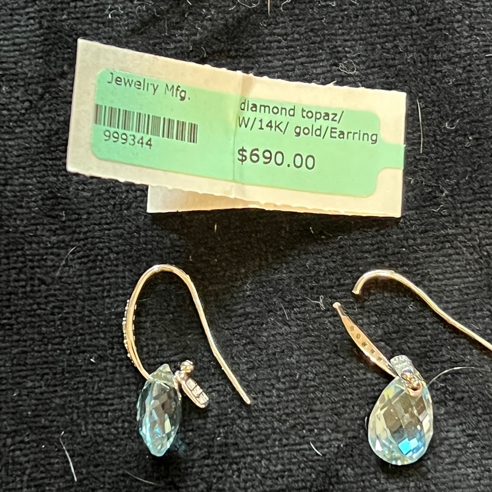 Diamond, topaz, 14k gold, earrings, one shepherd hook is broken. Refer to photos